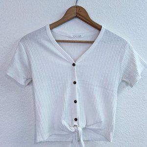 White Ribbed Faux Button Tie-Front Top
